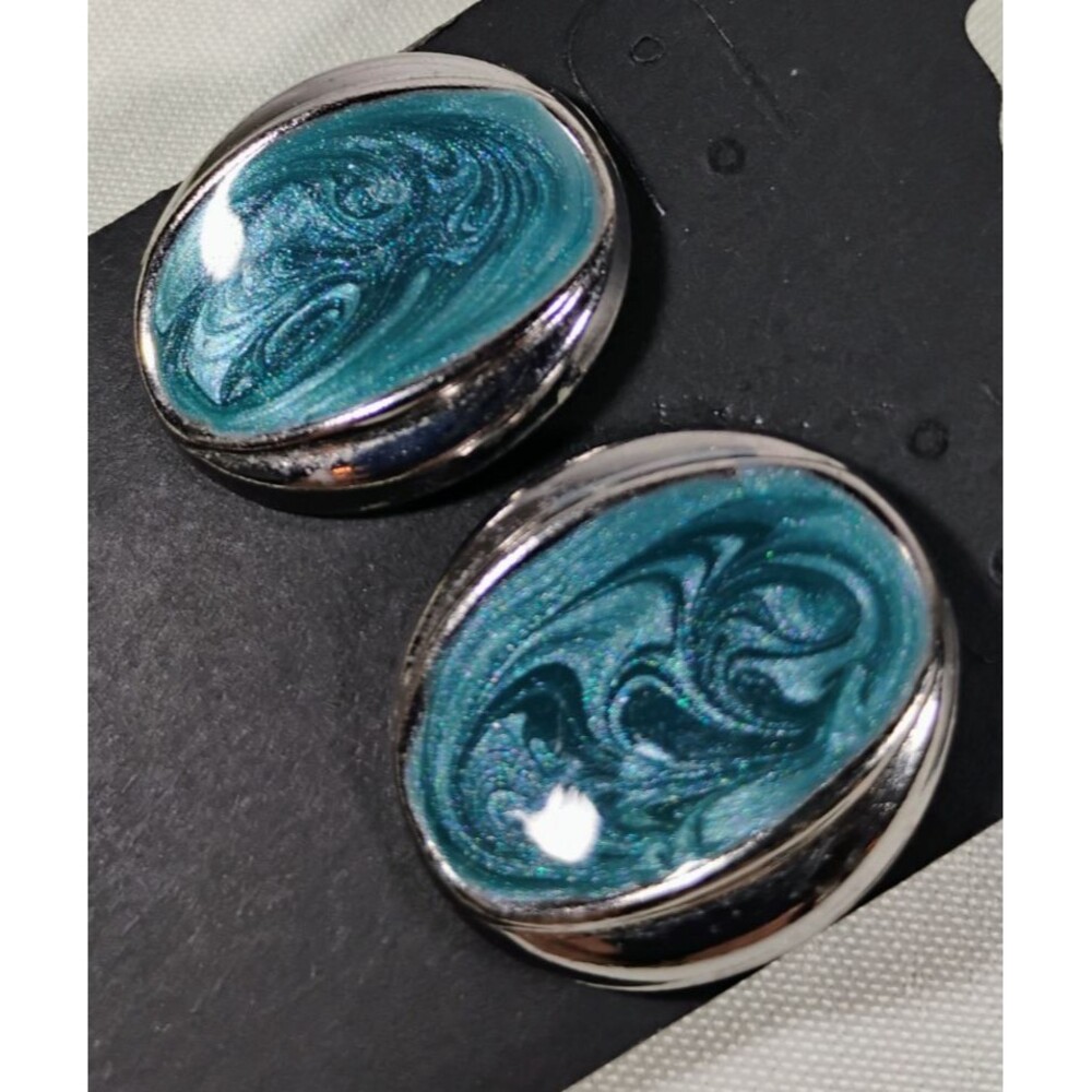 Marbled Button Earrings Oval Glossy Turquoise & Teal Enamel Center Silver Tone